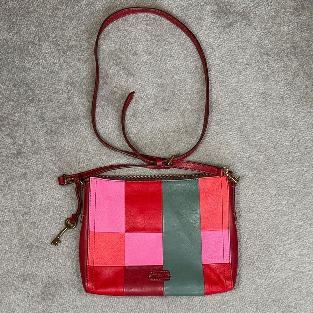 Fossil Red and Pink Patchwork Leather Crossbody Bag Purse
